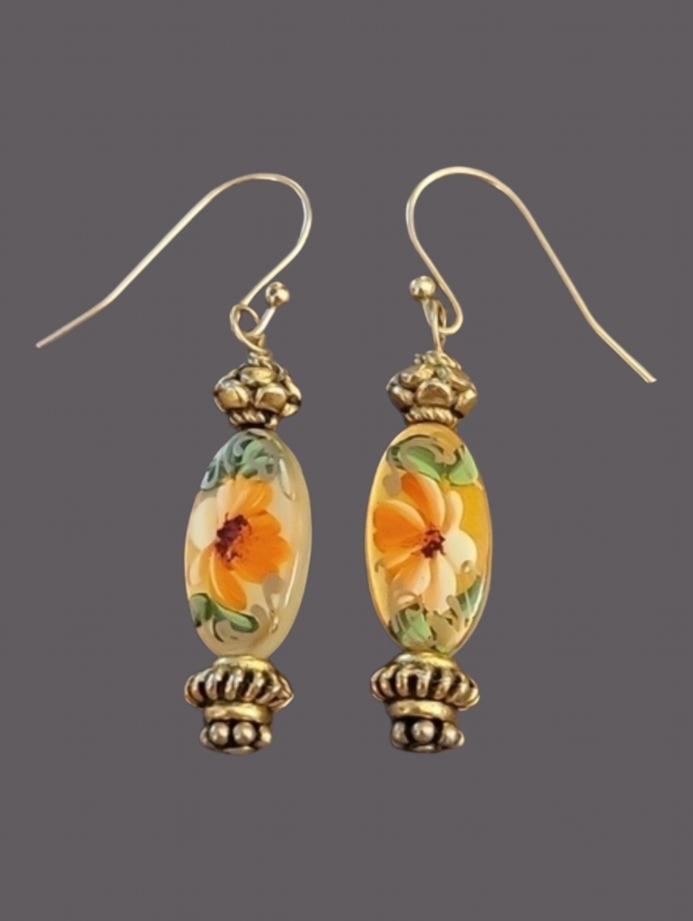 HANDMADE Romantic Handpainted Floral Beaded Dangle Hook Earrings - Picture 1 of 4